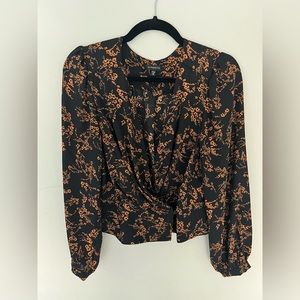 Long Sleeve Wrap Blouse Black & Brown Floral